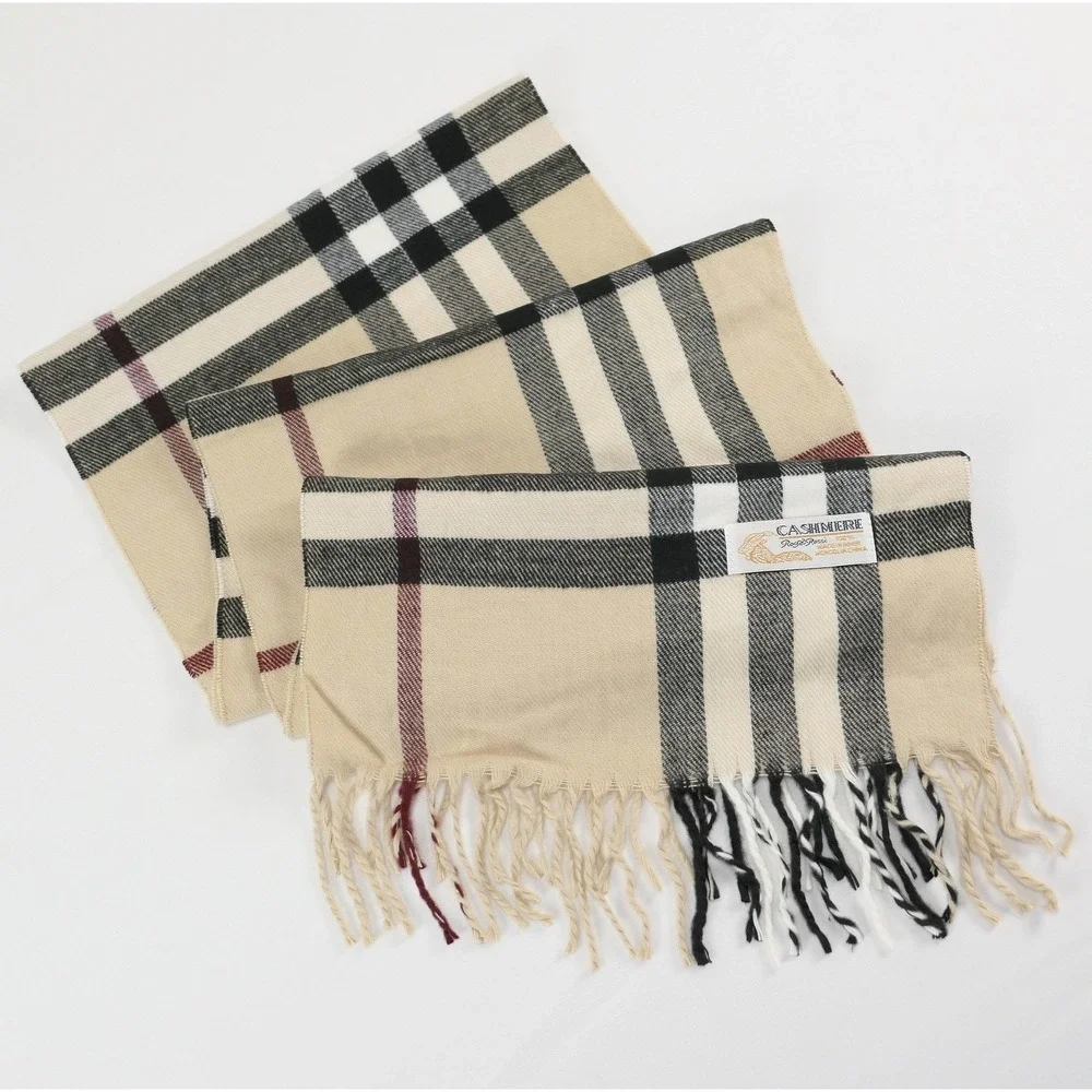 Royal Rossi 100% Mongolian Cashmere Plaid Check Scarf Tan Black White Fringe 70